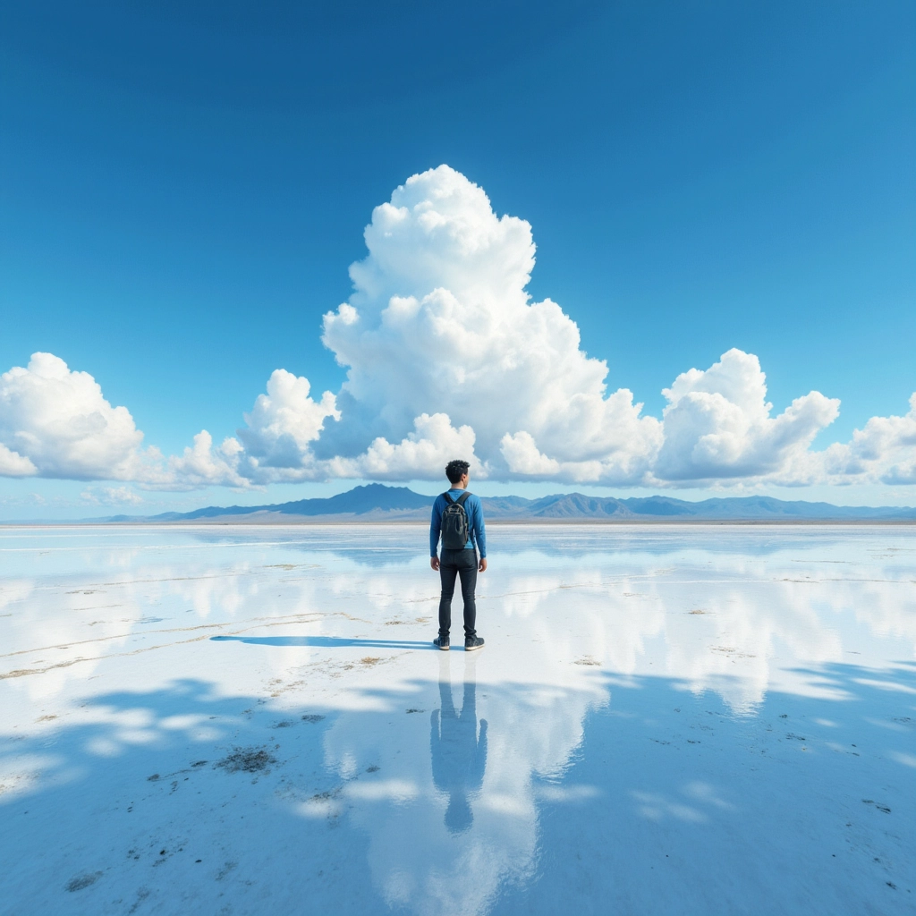 Menajem Pérez in Uyuni: surrounded by sky, reflection, and infinite silence.