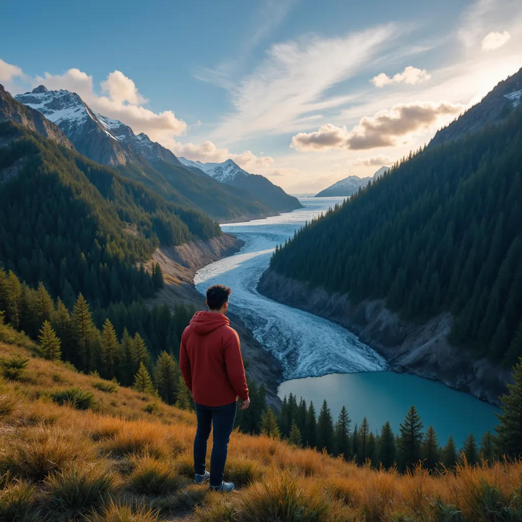Work by Menajem Perez facing Columbia glacier below surrounded by forest and peaks
