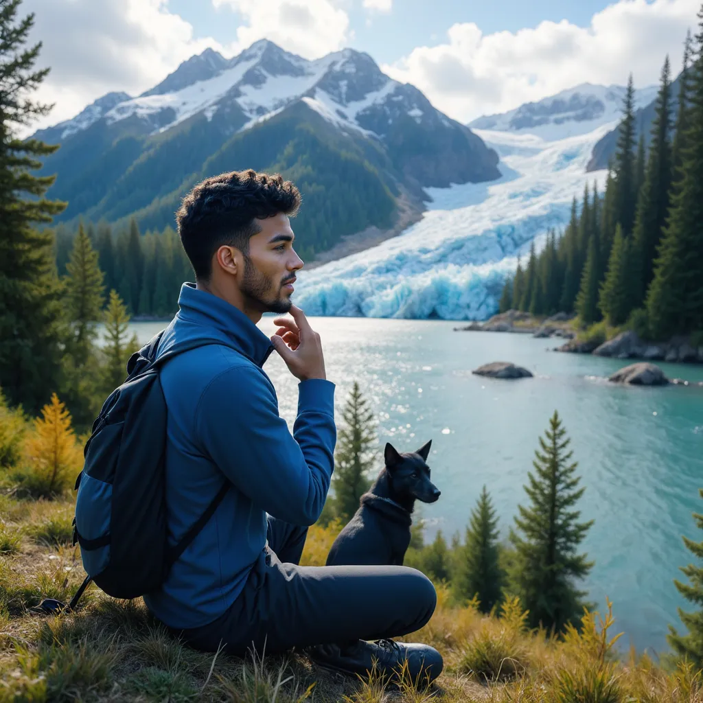 Work by Menajem Perez sitting by the water with a dog and Columbia glacier in the background
