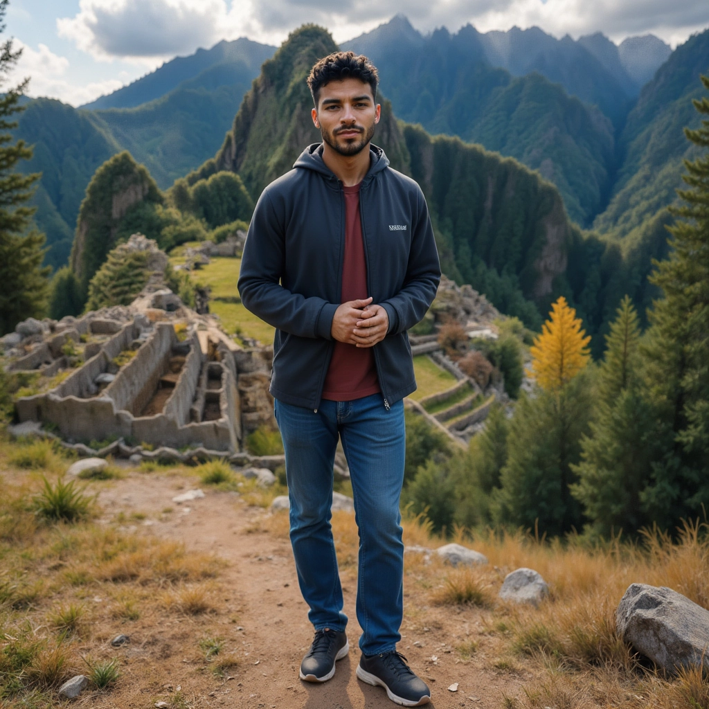 Work by Menajem Perez standing among ancient ruins with green mountain peaks behind