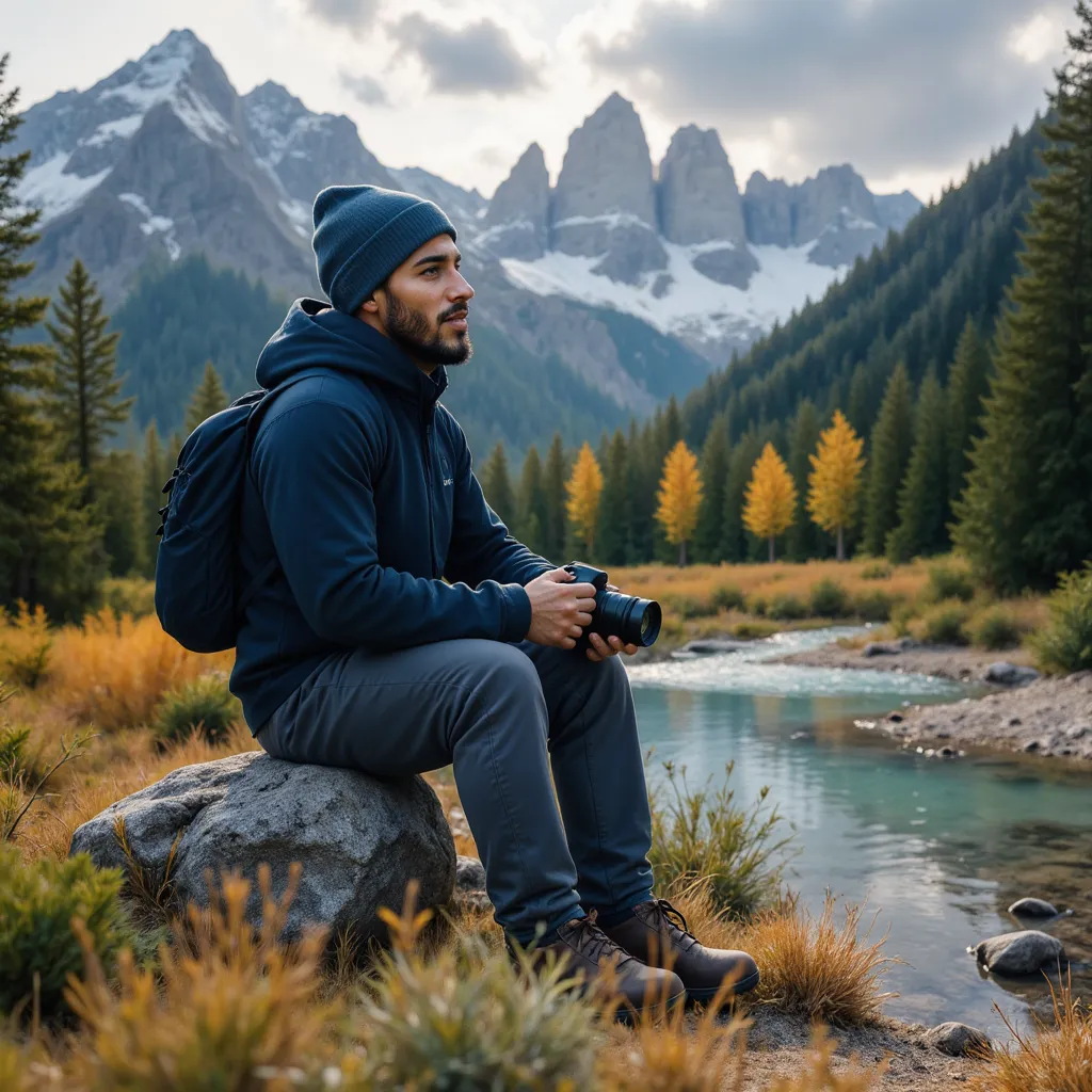 Work by Menajem Perez sitting on a rock with a camera, surrounded by mountains and forest