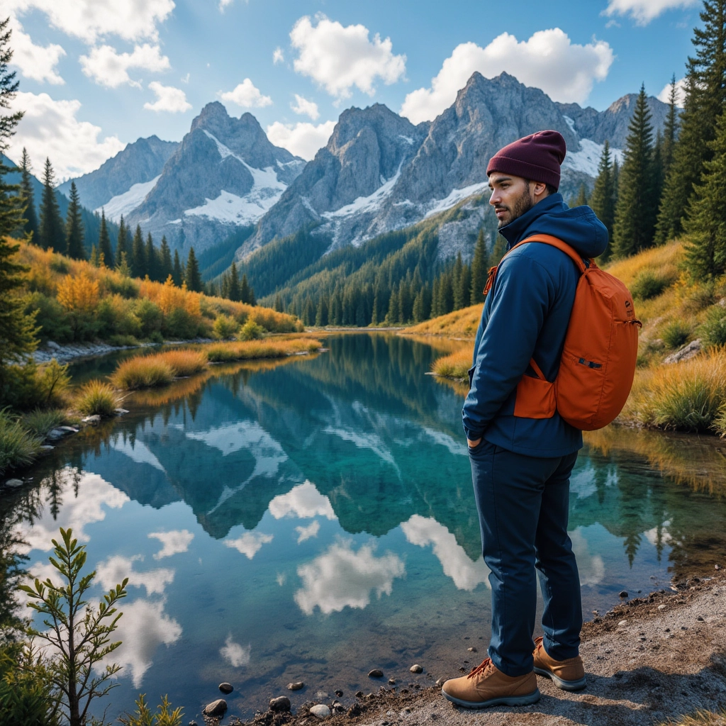 Work by Menajem Perez looking over a mirrored lake surrounded by sharp peaks and autumn colors