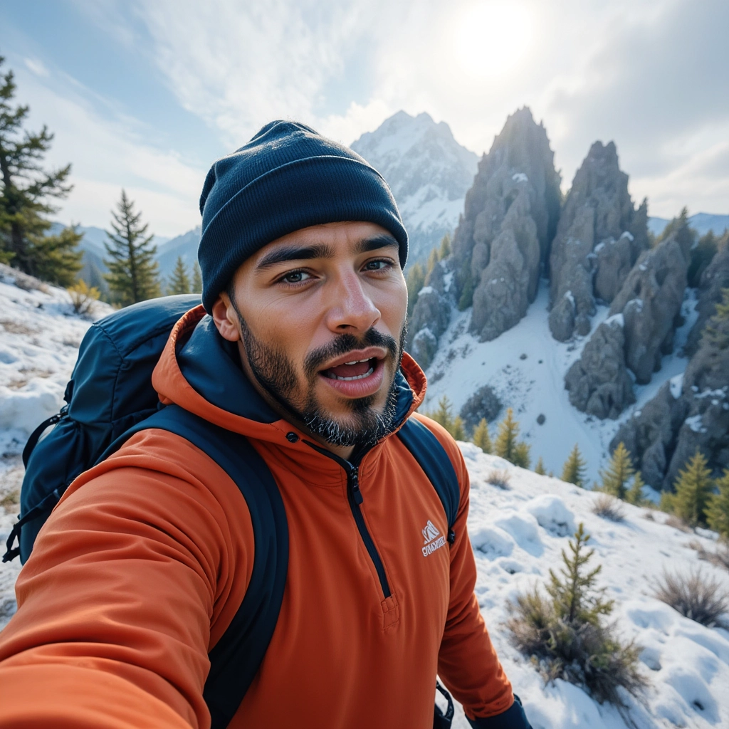 Work by Menajem Perez taking a selfie on a snowy trail with rocky mountain peaks