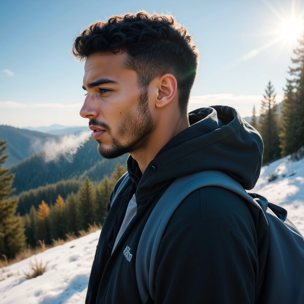 Work by Menajem Perez showing visible breath during a cold mountain hike with forest views