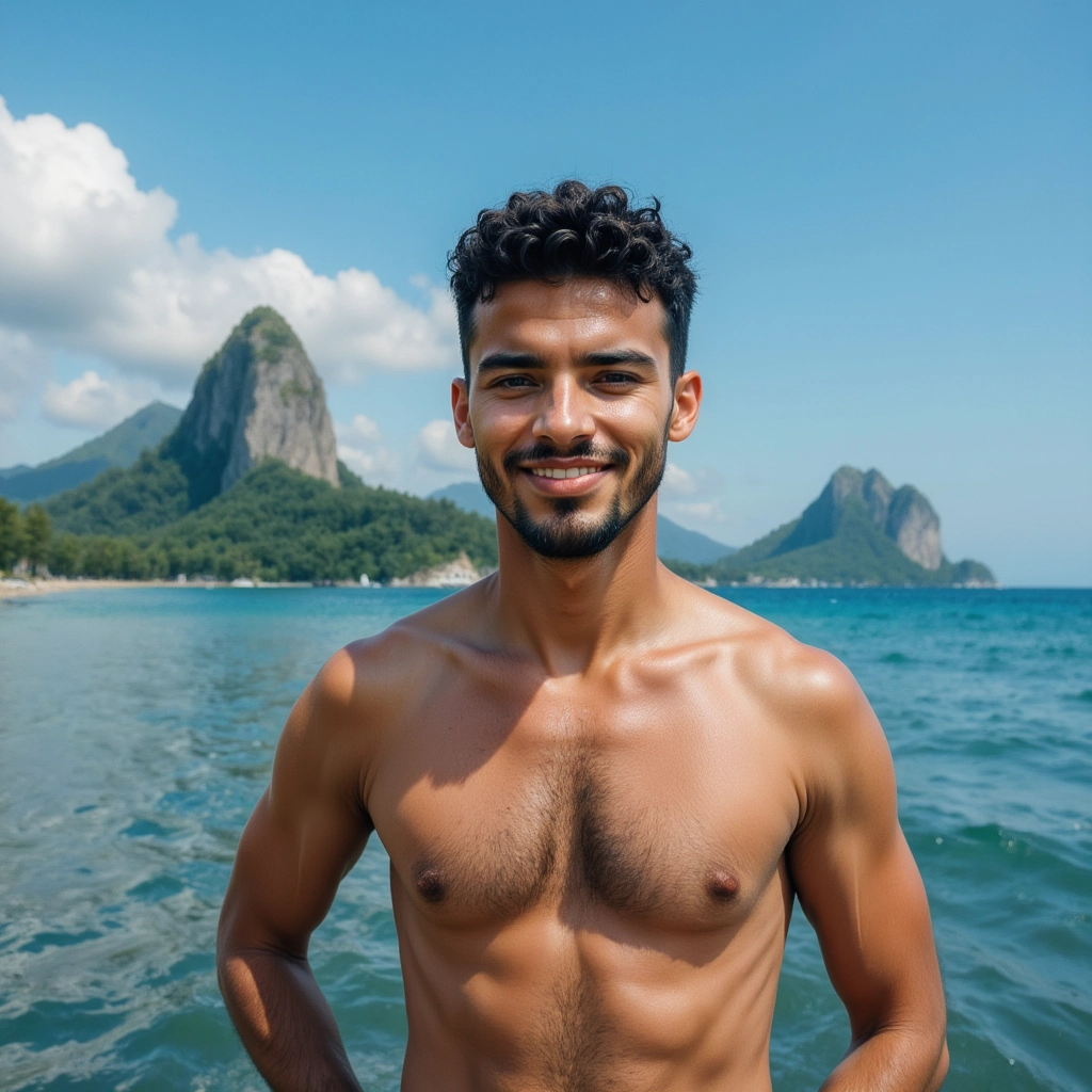 Work by Menajem Perez: A man in the ocean, smiling beneath tropical mountains.