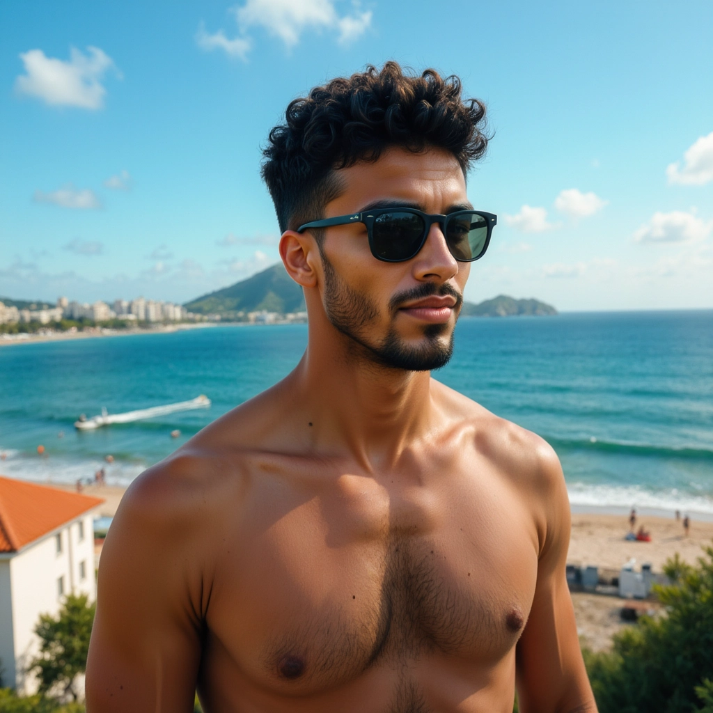 Work by Menajem Perez enjoying a sunny view over the beach with sunglasses on and the ocean in the background