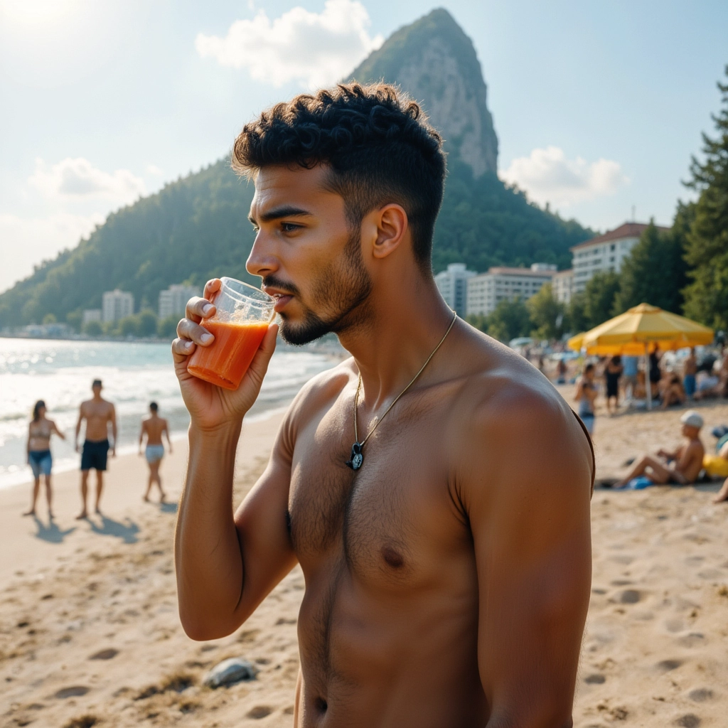 Work by Menajem Perez sipping fresh juice on a sunny beach with scenic views and people in the background