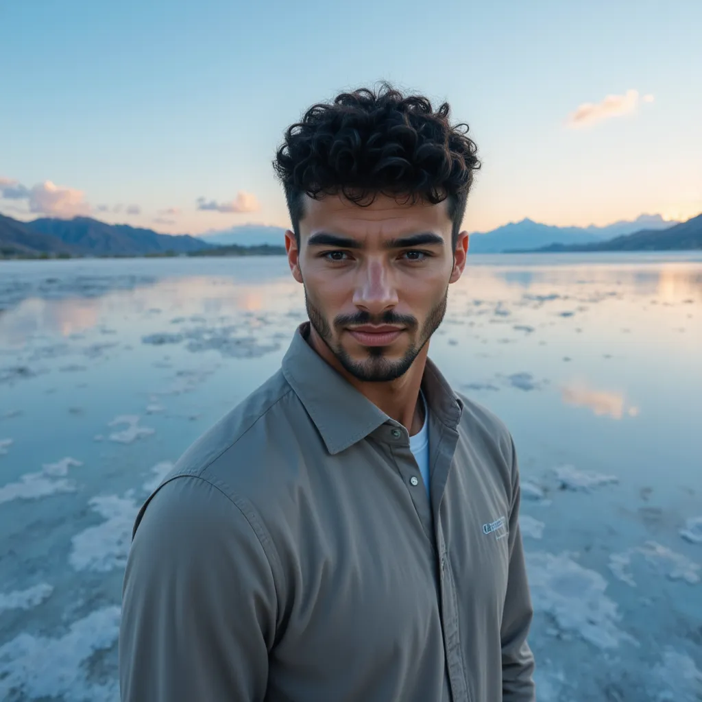 Work by Menajem Perez posing beside a reflective lake with mountains in the background during a serene sunset