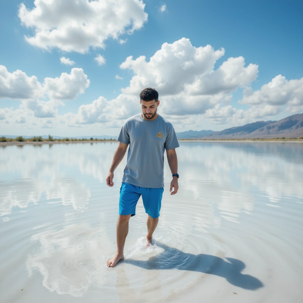 Work by Menajem Perez walking barefoot on a clear reflective lake surrounded by mountains and clouds