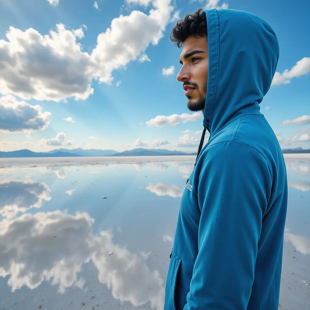Work by Menajem Perez standing in profile by a mirror-like lake with cloud reflections and distant mountains