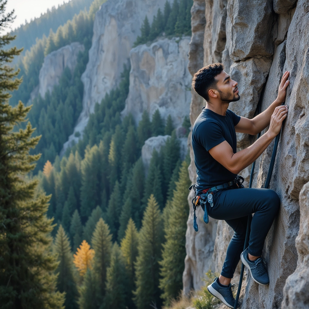 Menajem Perez climbing a rocky cliff surrounded by pine forest and mountain scenery