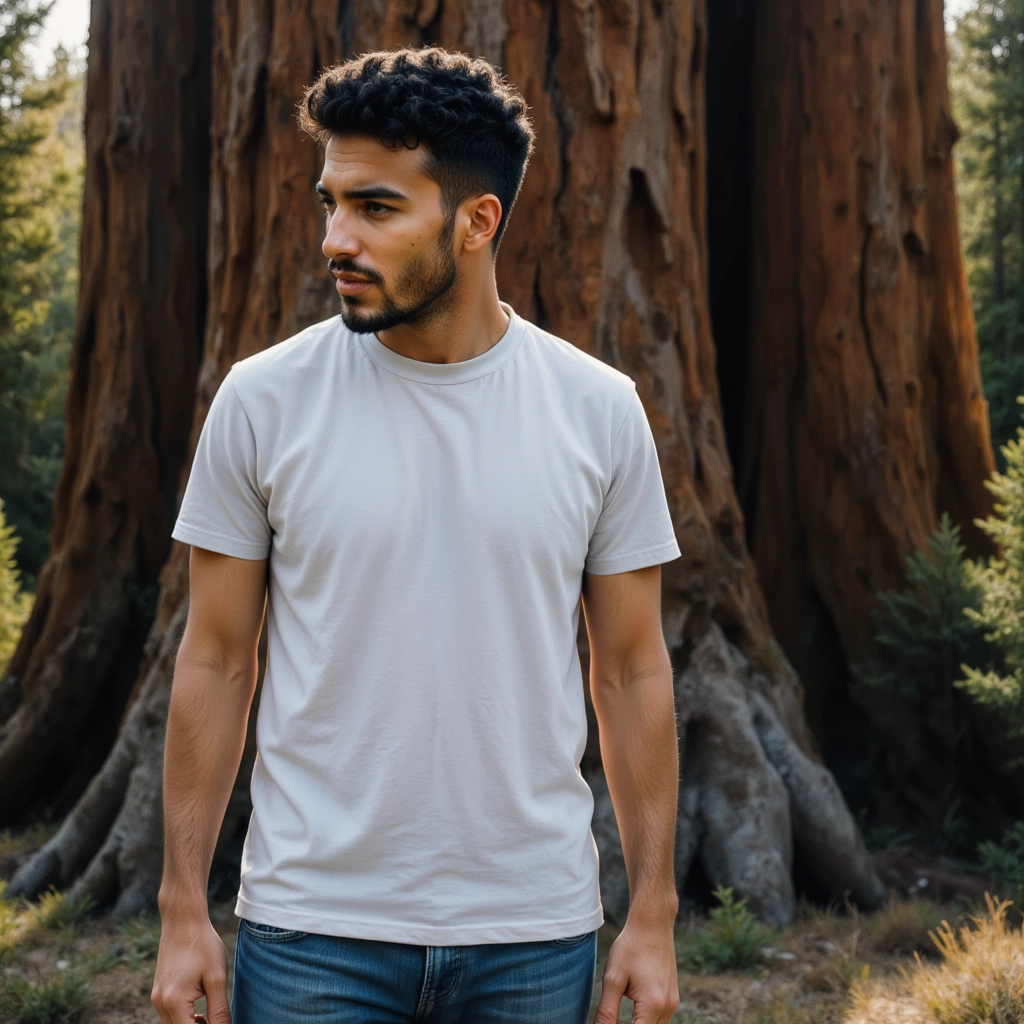 Menajem Perez near the base of a massive sequoia tree in a dense forest
