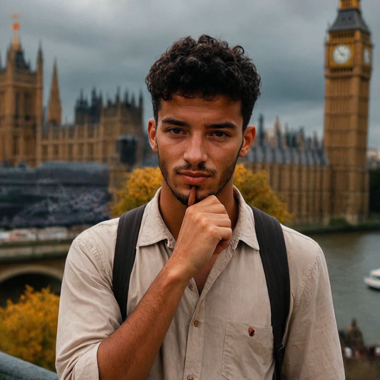 Menajem Pérez en Londres, pensativo junto al Támesis con el Big Ben de fondo.