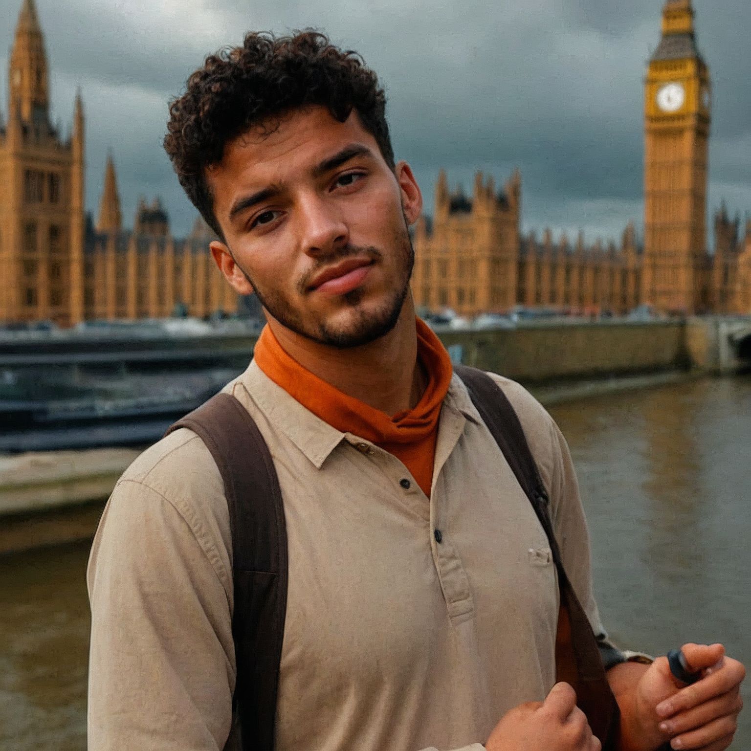 Menajem Pérez stands riverside in London, relaxed and confident with Big Ben in the background.