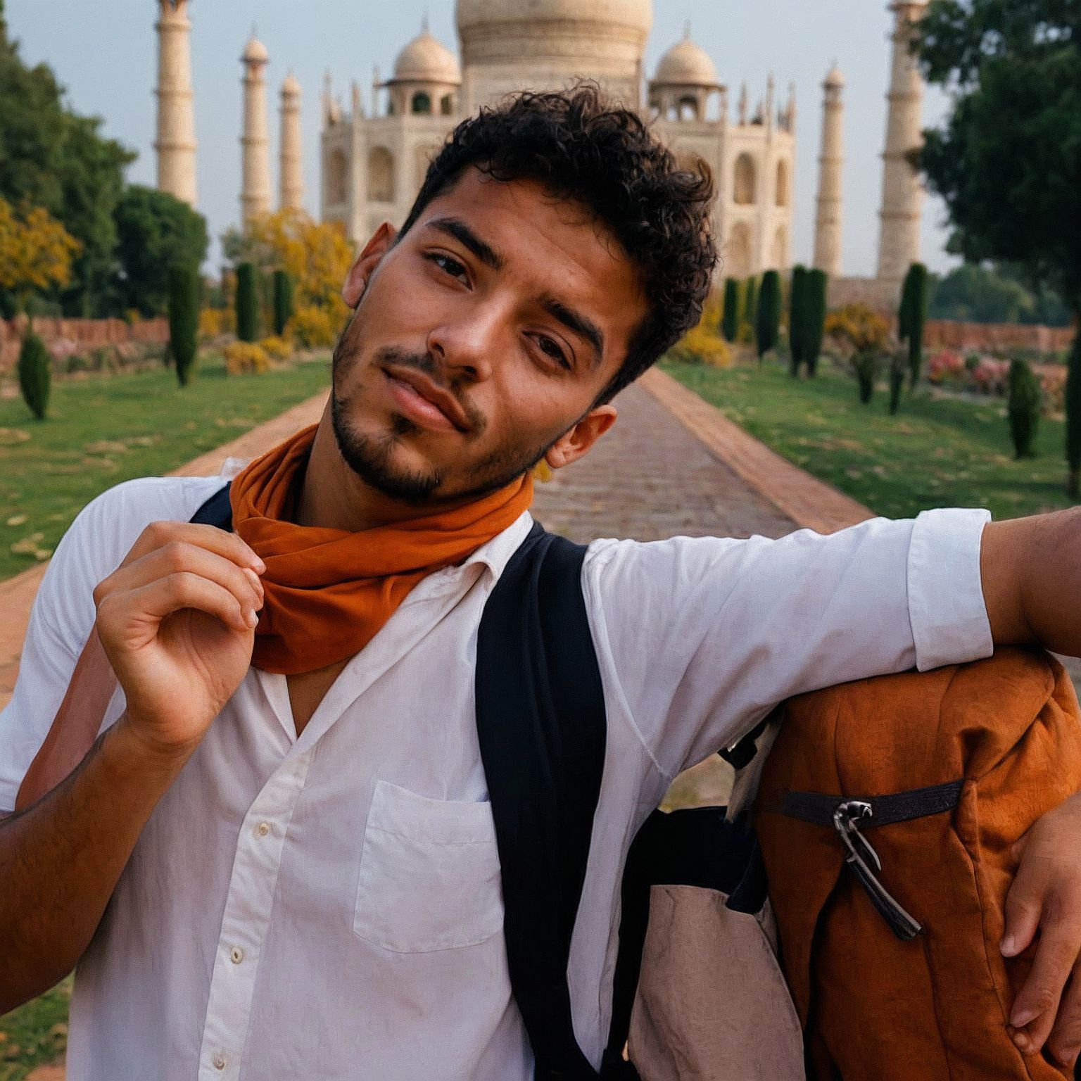 Menajem Pérez at ease by the Taj Mahal, where elegance meets serenity.